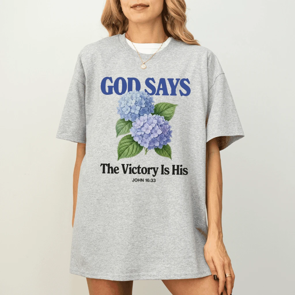 God Says The Victory Is His T-Shirt – Faith Gift for Christians - detail view