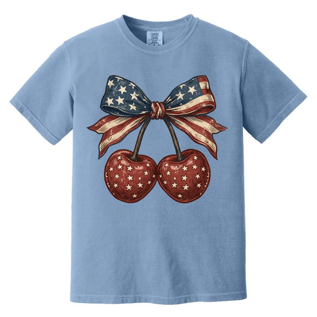Comfort Colors USA Cherry Coquette Bow Shirt – 4th of July Gift for Her - front view
