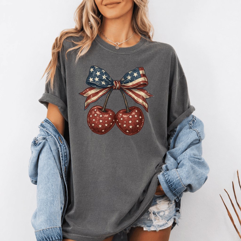 Comfort Colors USA Cherry Coquette Bow Shirt – 4th of July Gift for Her - detail view