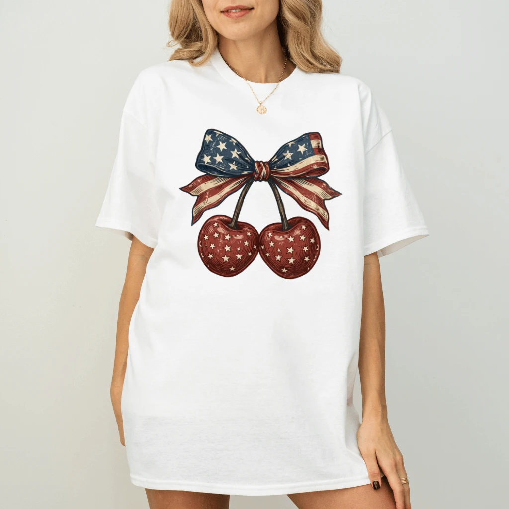 USA Cherry Coquette Bow T-Shirt – 4th of July Gift for Her - back view