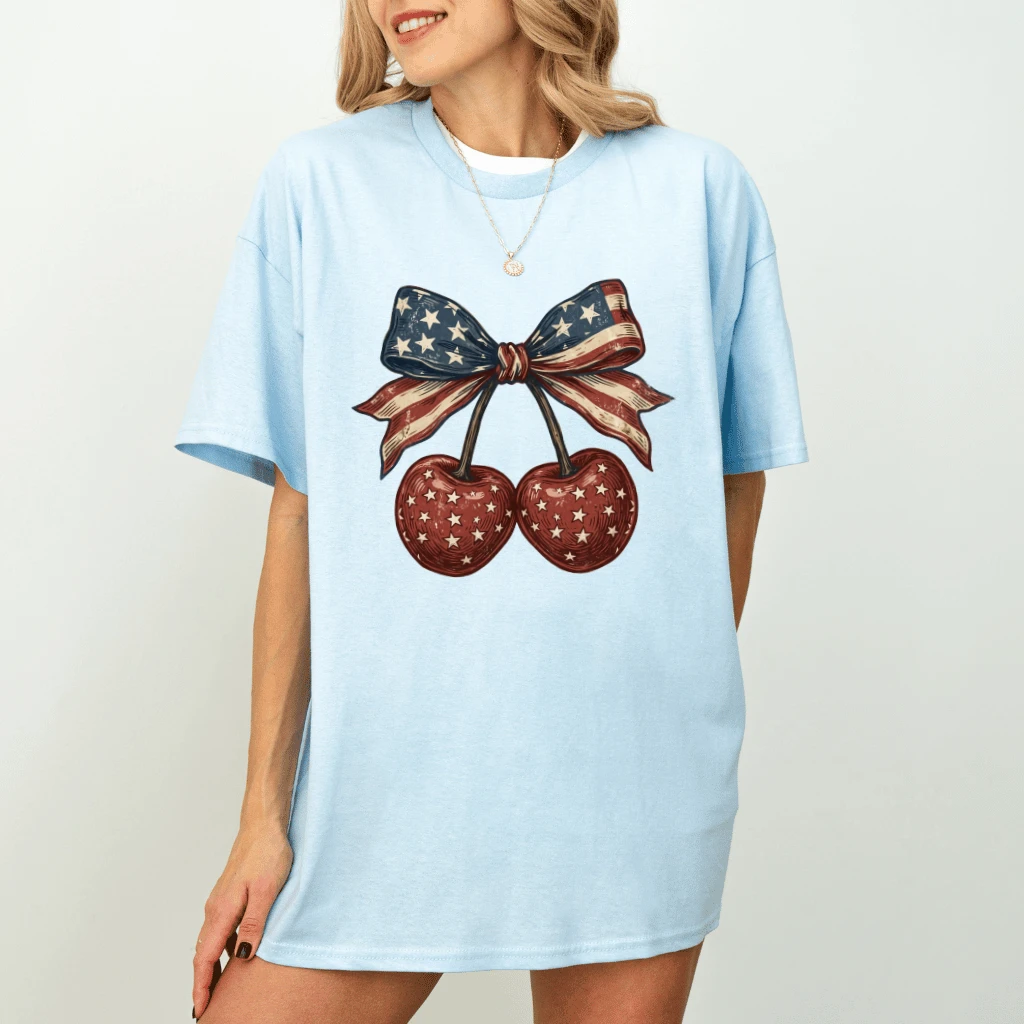 USA Cherry Coquette Bow T-Shirt – 4th of July Gift for Her - detail view