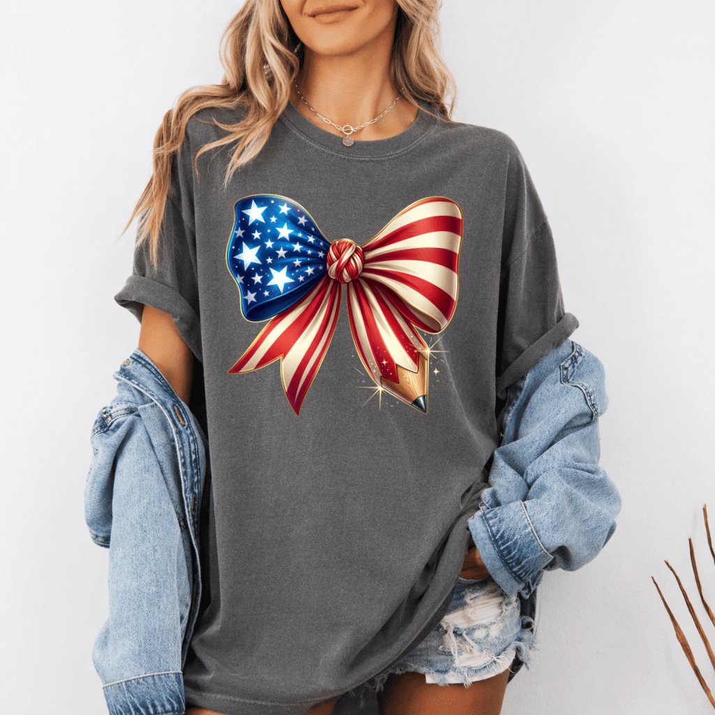 Comfort Colors USA Flag Coquette Bow Shirt – 4th of July Gift for Her - detail view