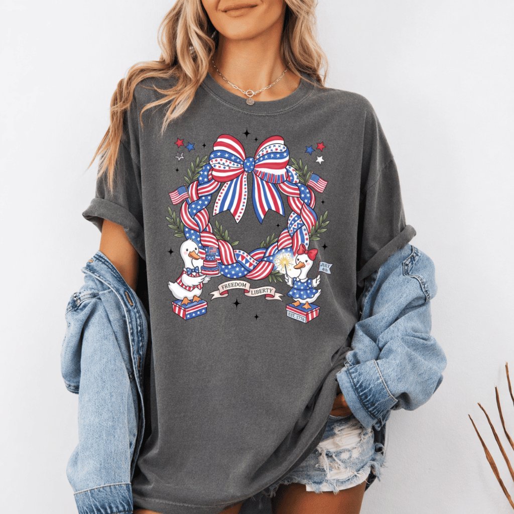Comfort Colors Freedom Wreath Coquette Shirt – 4th of July Gift for Her - detail view