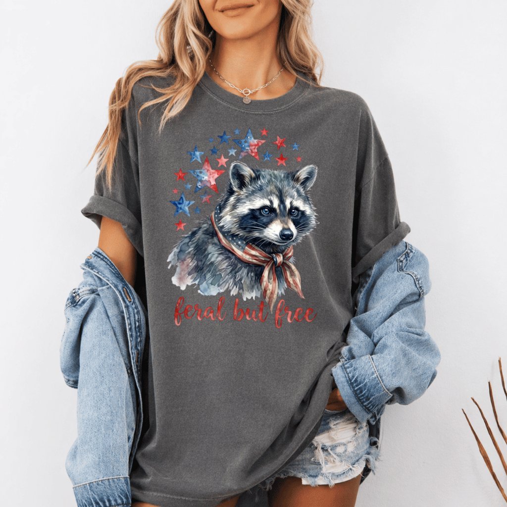 Comfort Colors Feral But Free Raccoon Shirt – 4th of July Gift for Her - detail view