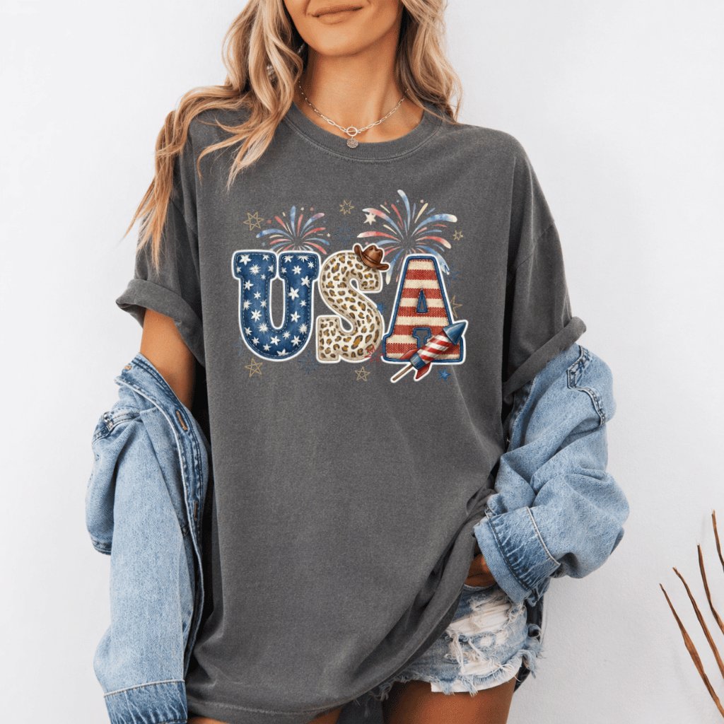 Comfort Colors USA Leopard Print Shirt – 4th of July Gift for Patriot - detail view