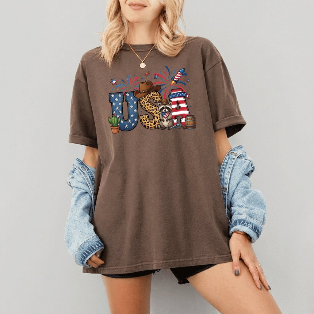 Comfort Colors USA Cowboy Raccoon Shirt – 4th of July Gift for Patriot - detail view