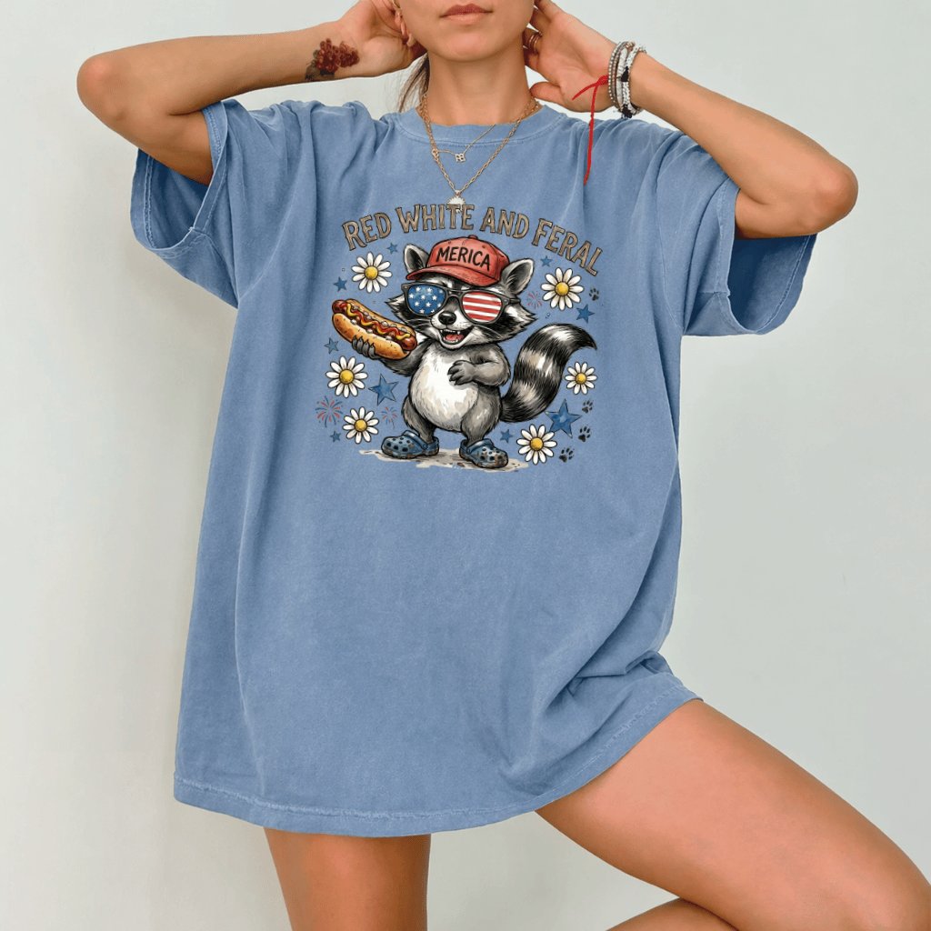 Comfort Colors Red White Feral Raccoon Shirt – 4th of July Gift for Her - back view
