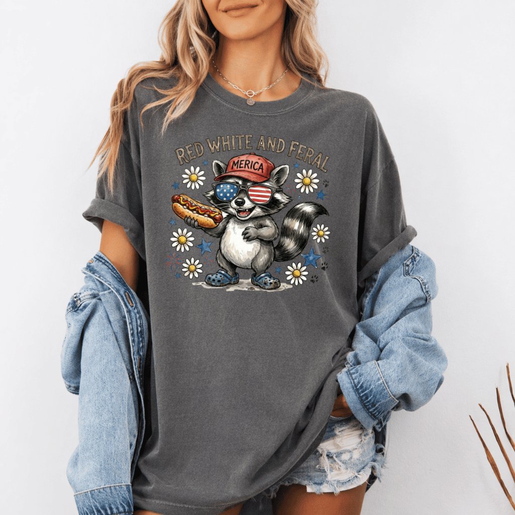 Comfort Colors Red White Feral Raccoon Shirt – 4th of July Gift for Her - detail view