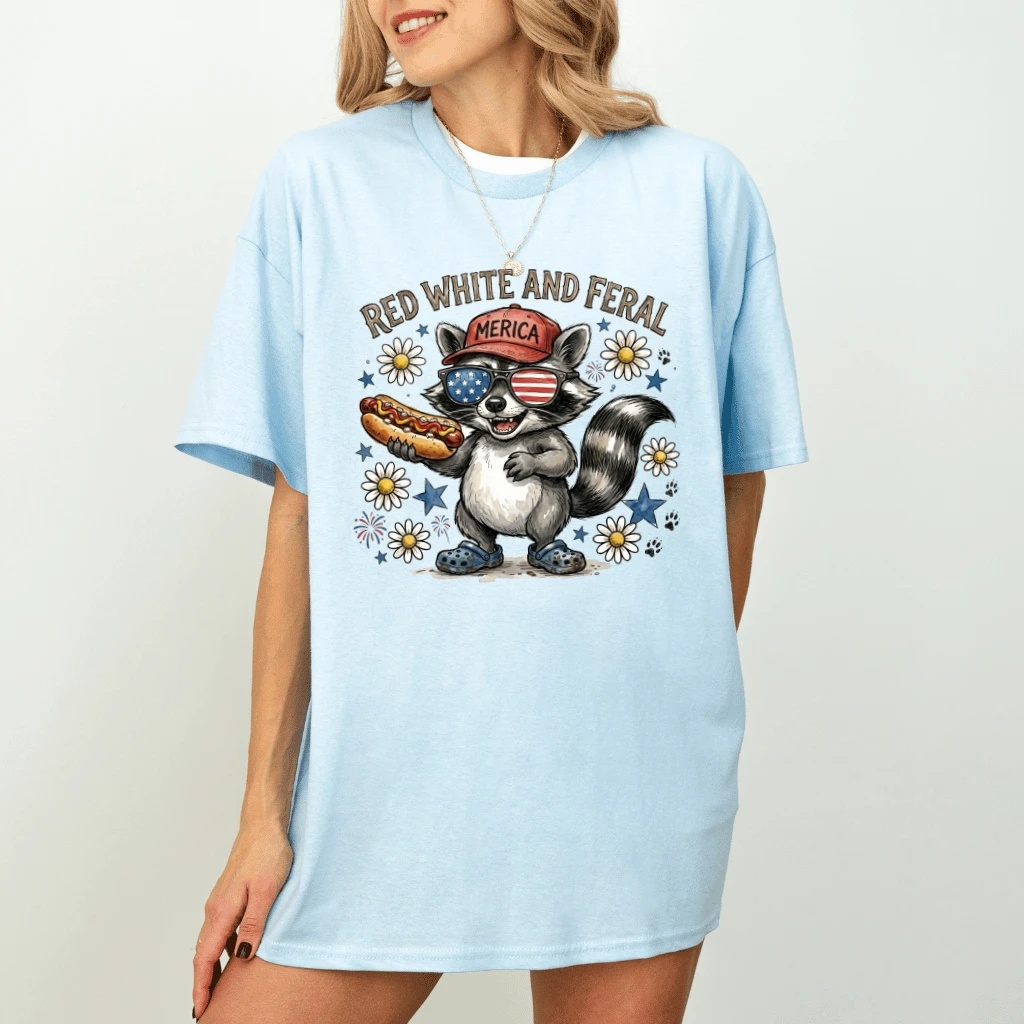 Red White Feral Raccoon T-Shirt – 4th of July Gift for Her - back view