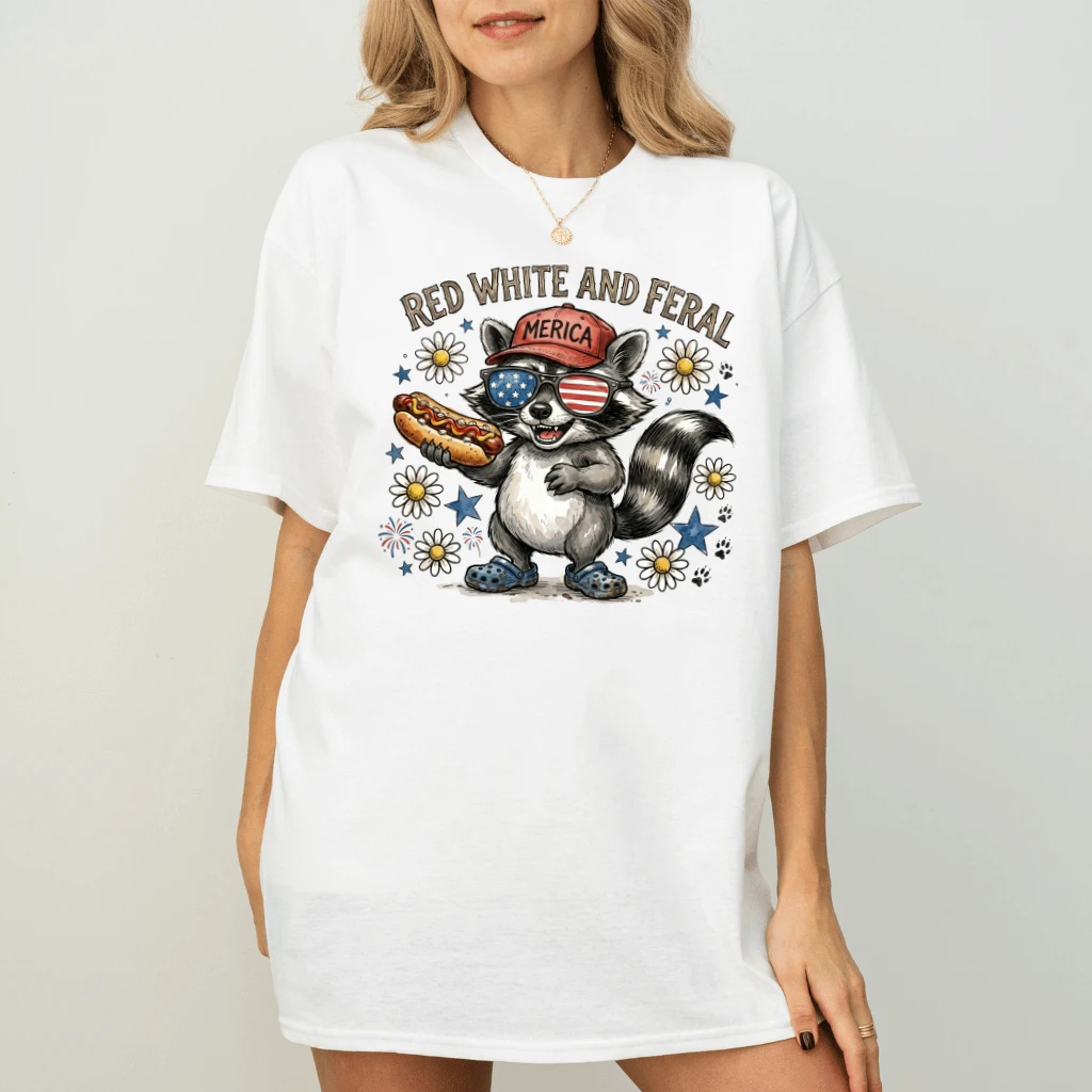 Red White Feral Raccoon T-Shirt – 4th of July Gift for Her - detail view