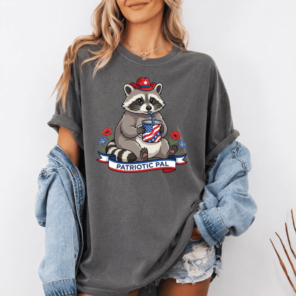 Comfort Colors Patriotic Raccoon Pal Shirt – 4th of July Gift for Her - detail view