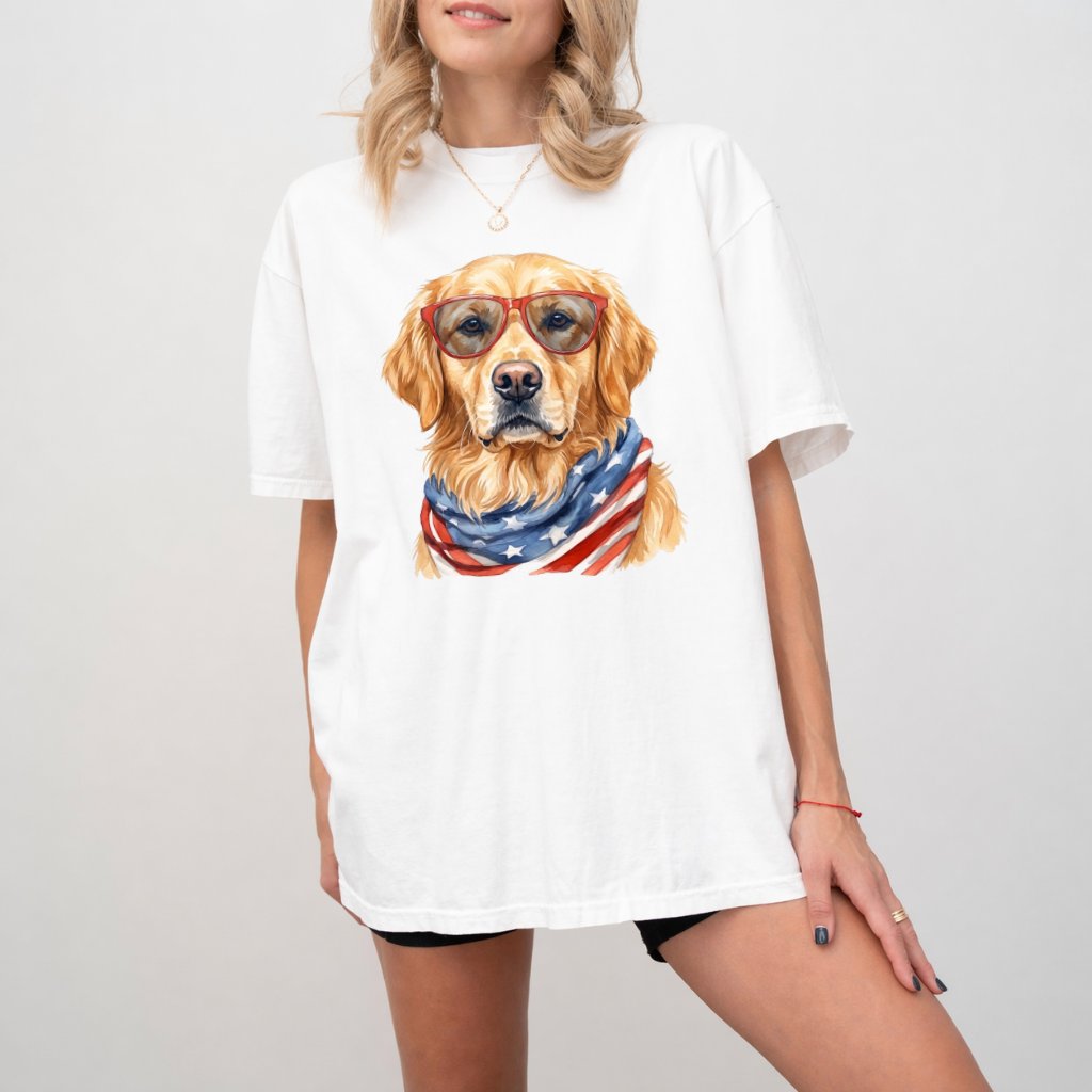 Comfort Colors America Golden Retriever Tee – 4th of July Gift for Patriot - detail view