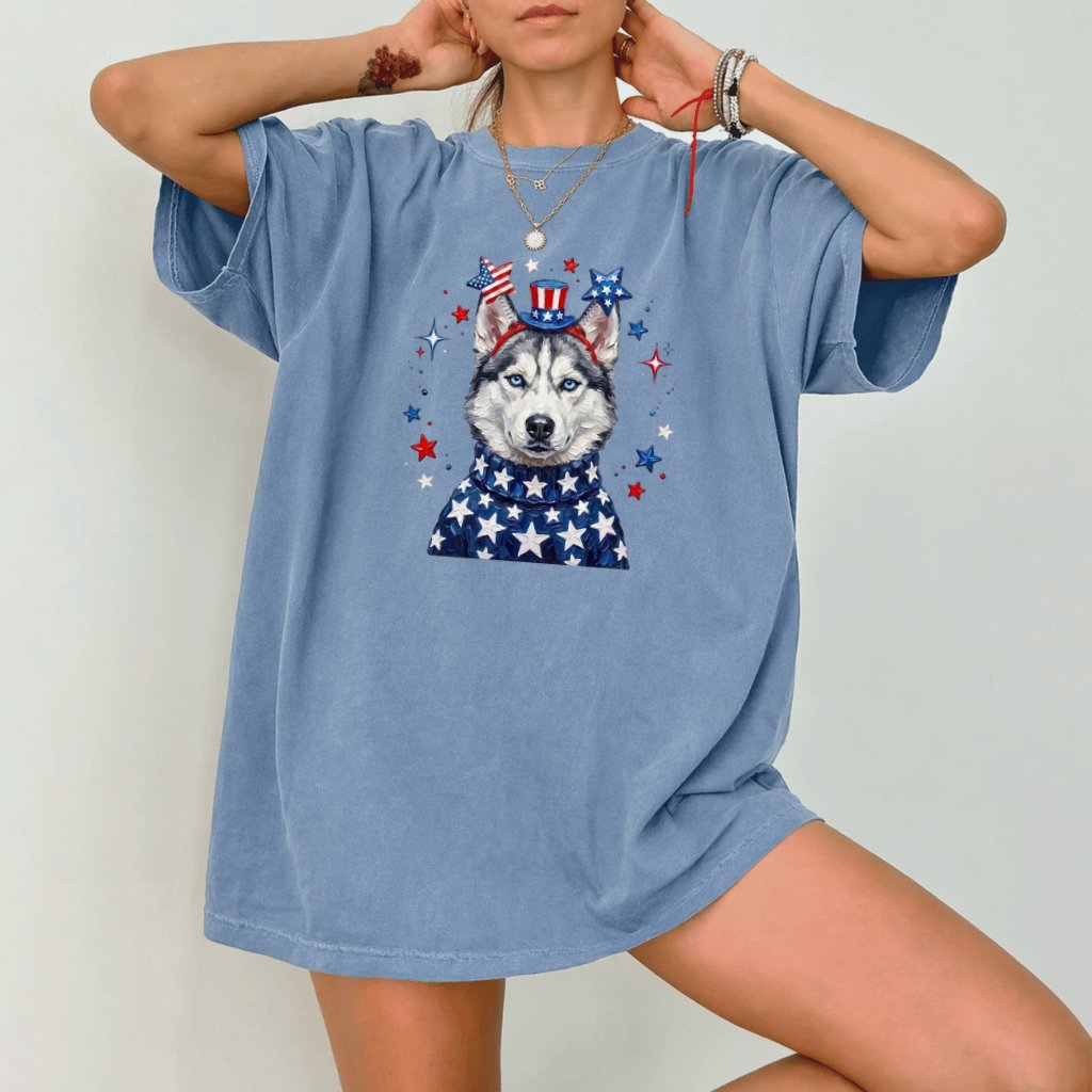 Comfort Colors Patriotic Husky Shirt – 4th of July Gift for Dog Lover - back view