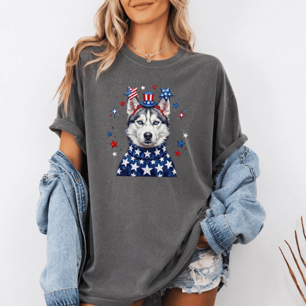 Comfort Colors Patriotic Husky Shirt – 4th of July Gift for Dog Lover - detail view