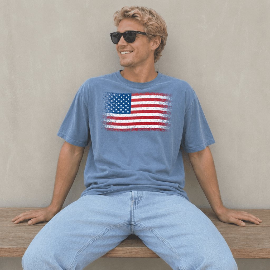 Comfort Colors Retro USA Flag Shirt – 4th of July Gift, Patriotic Tee - detail view