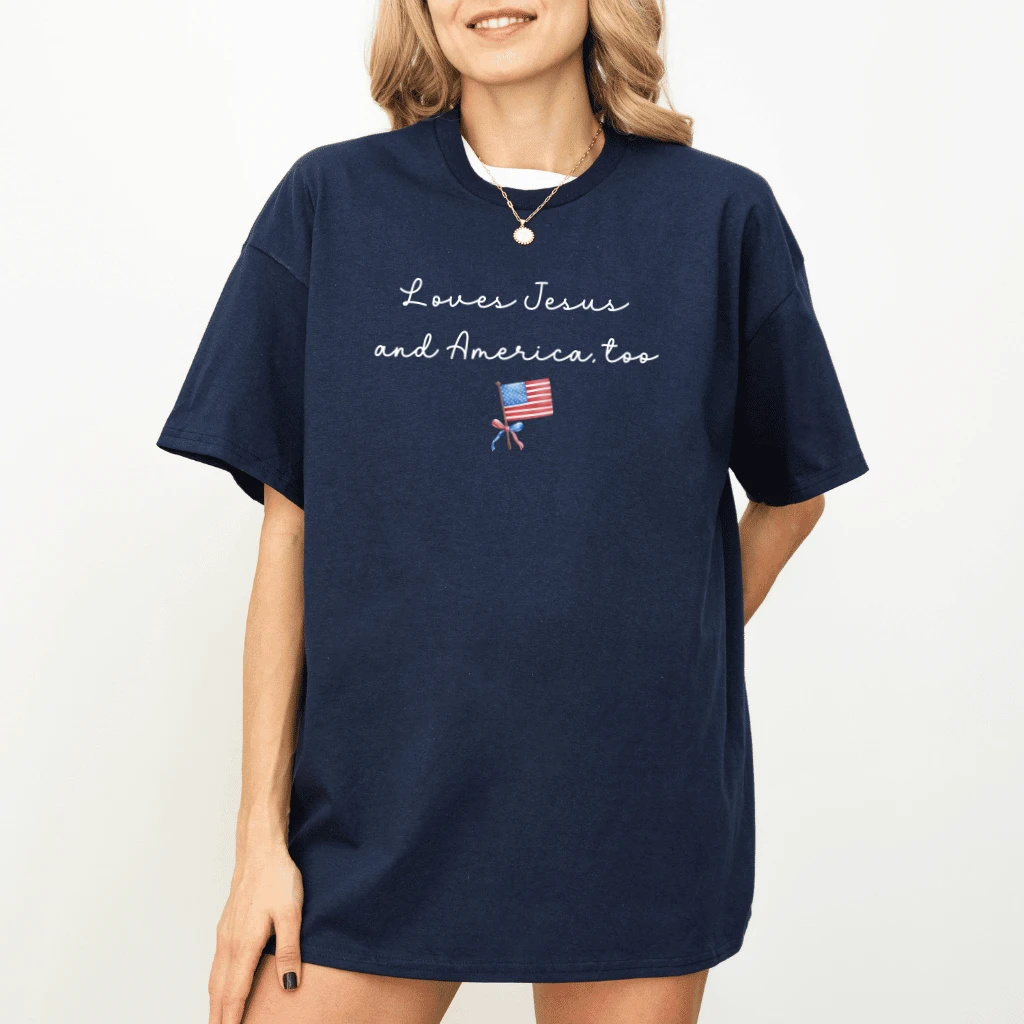 Loves Jesus and America Too T-Shirt – 4th of July Tee - back view