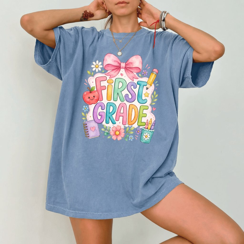 Comfort Colors First Grade Teacher Shirt – Coquette Back to School Gift - back view