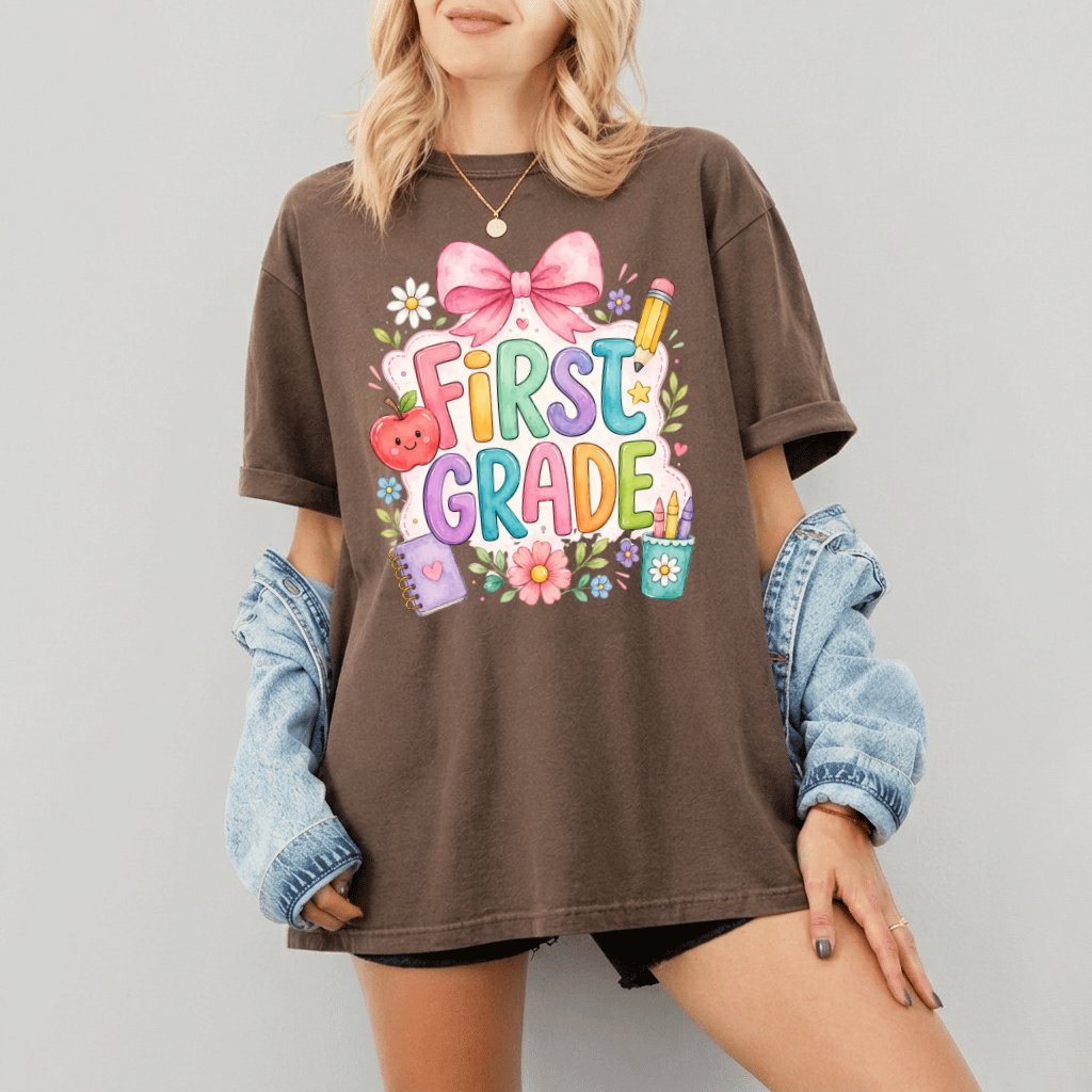 Comfort Colors First Grade Teacher Shirt – Coquette Back to School Gift - detail view