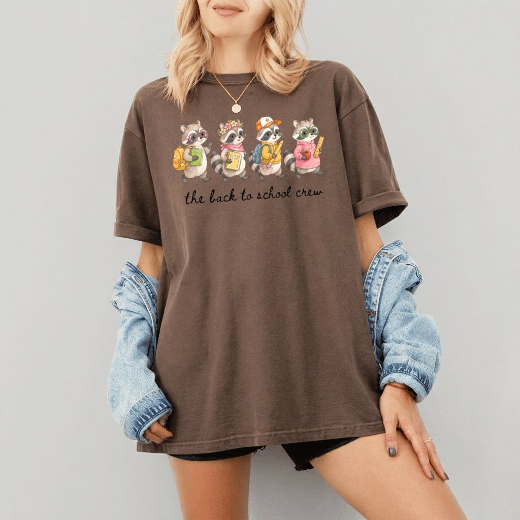 Comfort Colors Back To School Crew Shirt- Cute Raccoon Tee for Teacher - detail view