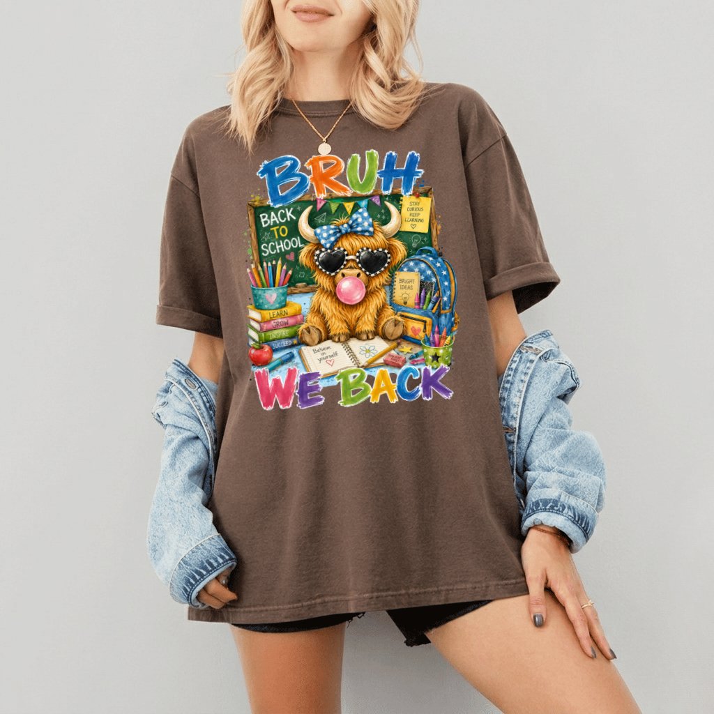 Comfort Colors Bruh We Back Highland Cow Shirt – Back to School Gift for Teacher - detail view