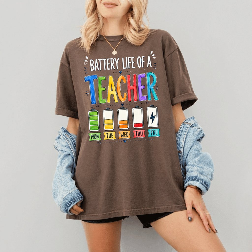 Comfort Colors Battery Life of a Teacher Shirt – Back to School Teacher Gift - detail view