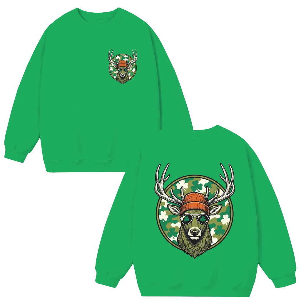 Buck Camo Deer Sweatshirt – St. Patrick's Day Retro Hunting Gift for Men - front view