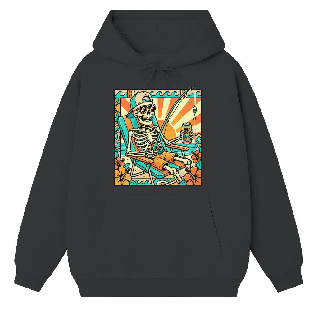 Funny Skeleton Fishing Hoodie – Summer Vacation Gift for Angler Retro Graphic - front view