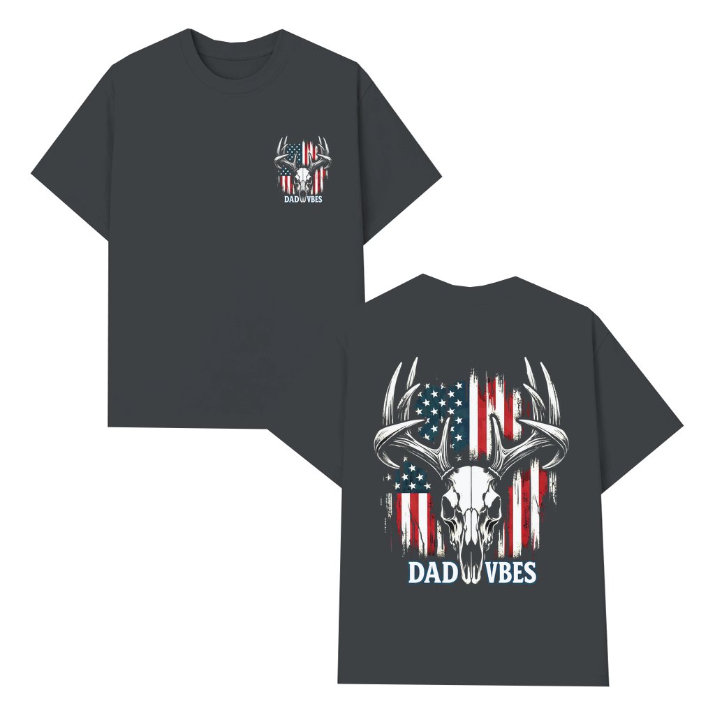 Dad Vibes T-shirt – Father's Day Gift for Dad Retro Highland Cow Skull USA Flag - front view