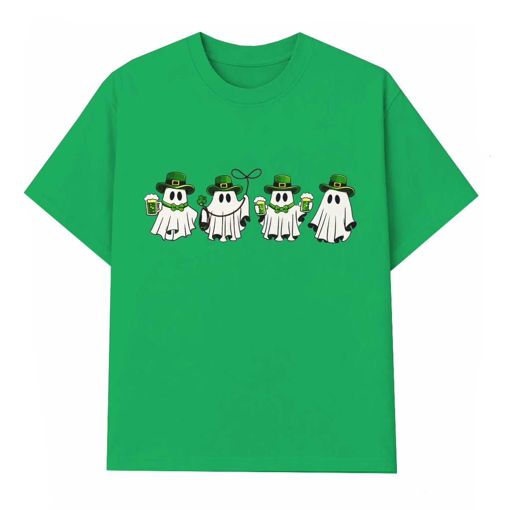 Cute Shamrock Drinking Ghosts T-shirt – St Patrick's Day Funny Gift for Him & Her - front view