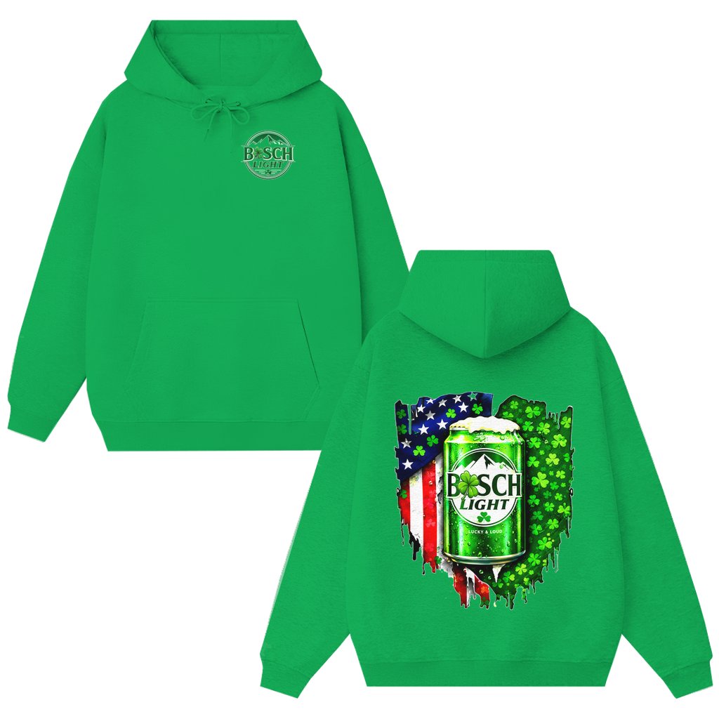 Buuusch Light Drinking Beer Hoodie – St. Patrick's Day Gift for Beer Lovers Funny Irish USA Flag Graphic - front view