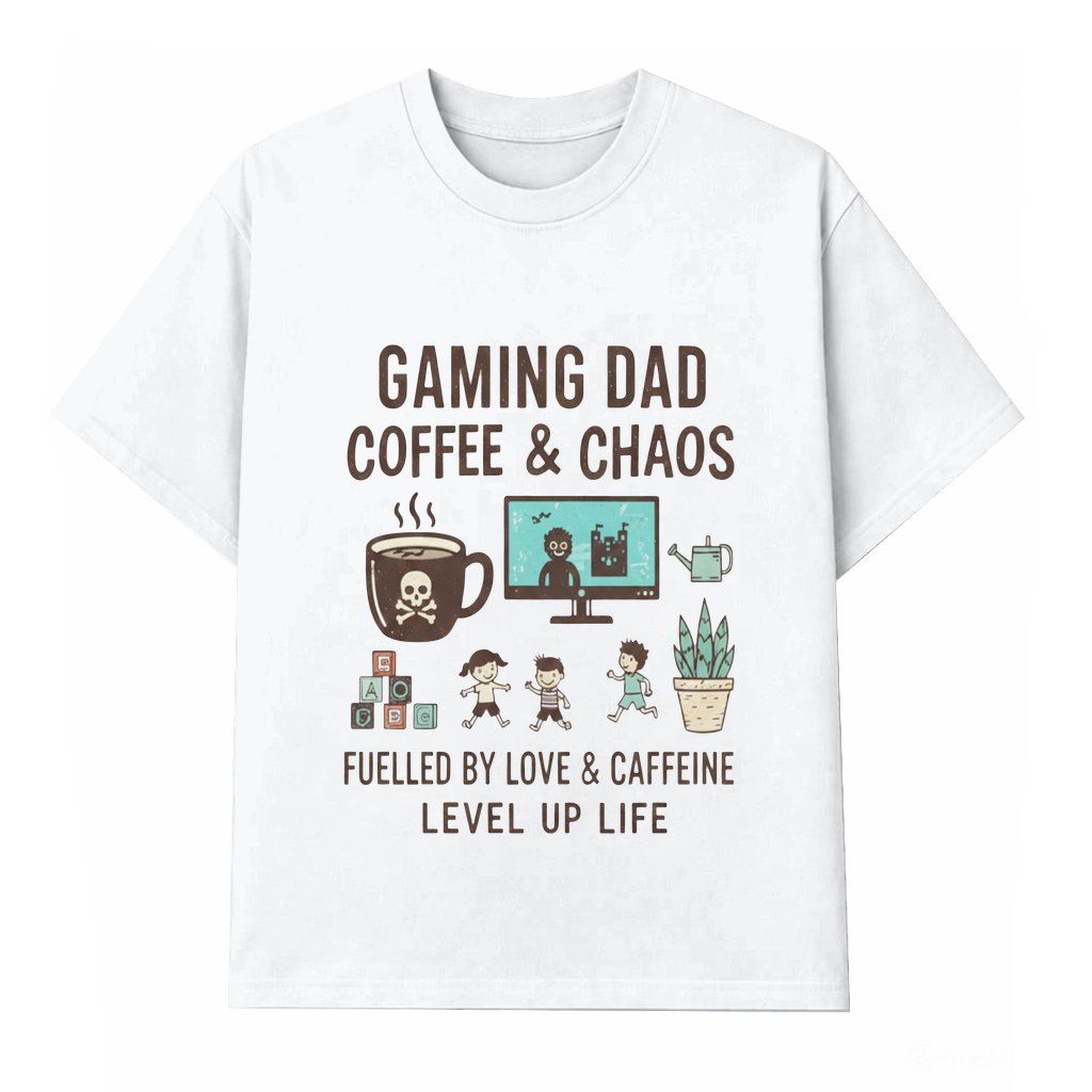 Gaming Dad Coffee & Chaos Level Up Life T-shirt – Father's Day Funny Gamer Gift for Dad - front view