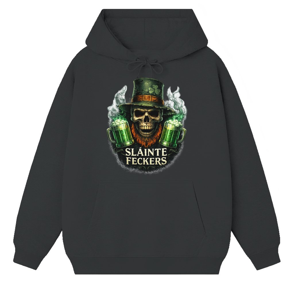 Slainte Feckers Irish Leprechaun Skull Hoodie – St Patrick's Day Gift for Men Women Retro Funny - front view
