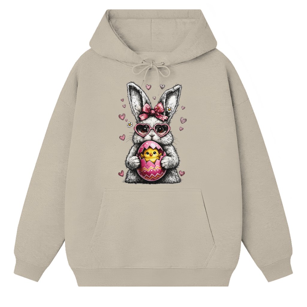 Cute Easter Bunny With Easter Chick Hoodie – Easter Gift Pink Bow Heart Glasses - front view
