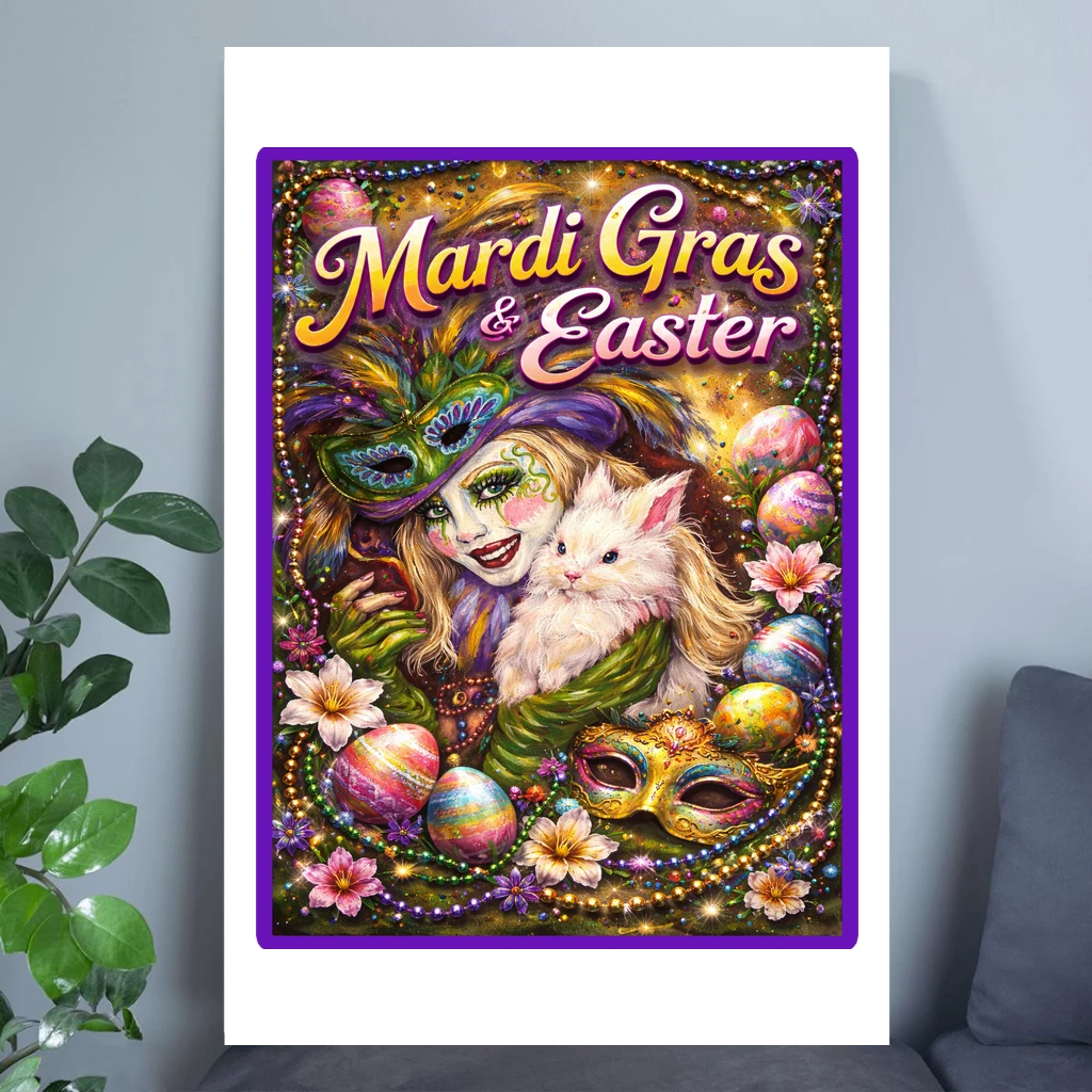 Mardi Gras Queen with Bunny Easter Poster – Mardi Gras Easter Home Decor Gift - front view