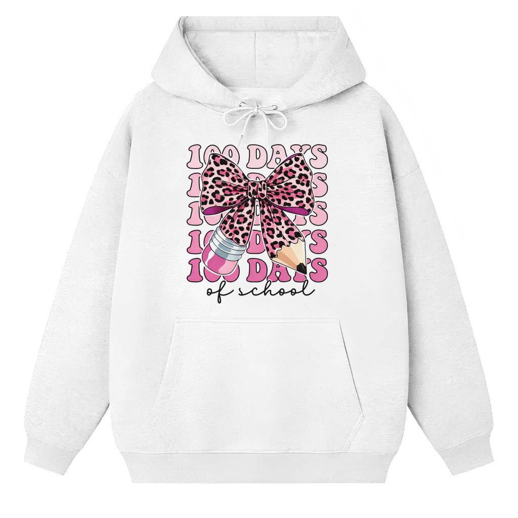 Pink Leopard Pencil Bow Hoodie – 100 Days of School Gift for Teacher Cute - front view