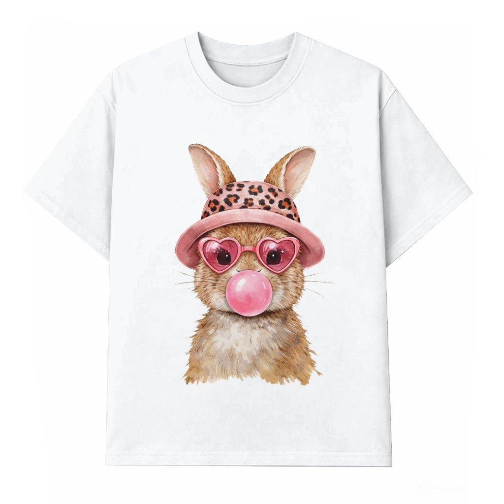 Cute Bubble Gum Bunny with Heart Sunglasses Wash Tee – Valentine's Day Gift for Bunny Lovers Funny - front view