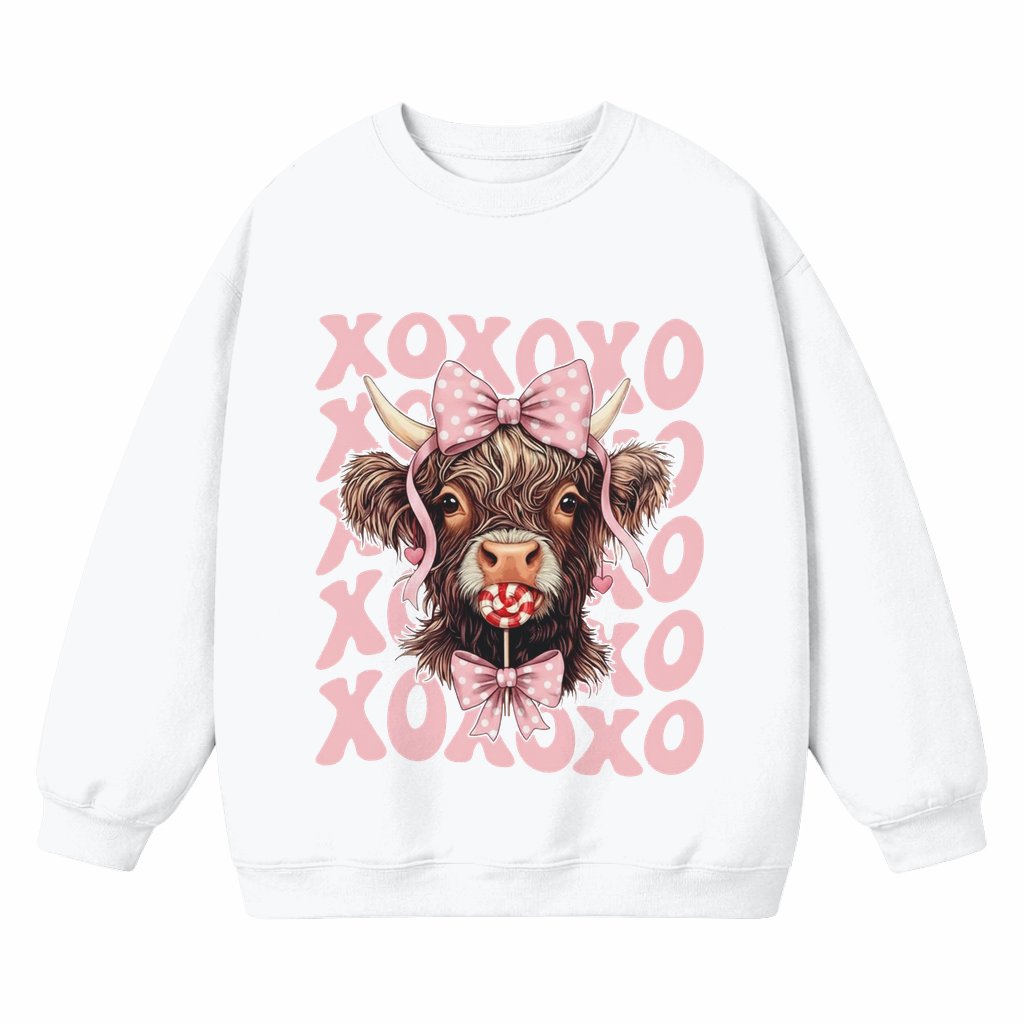 XOXO Highland Cow Sweatshirt – Valentine's Day Gift for Cow Lovers Funny Cute - front view