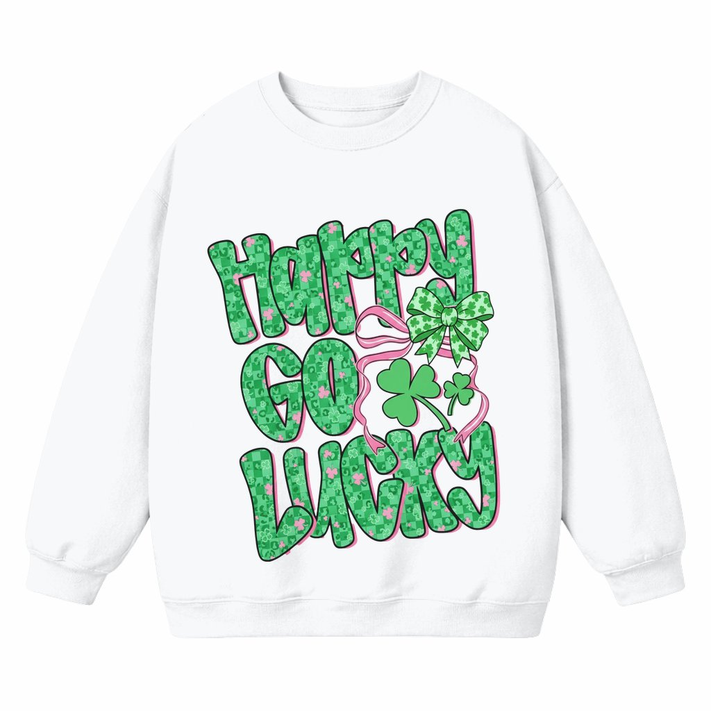 Happy Go Lucky Sweatshirt – St. Patrick's Day Gift for Men & Women Cute Shamrock Bow - front view