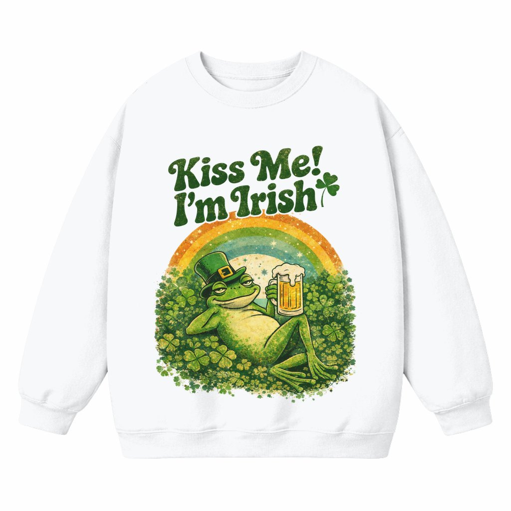 Kiss Me I'm Irish Sweatshirt St.Patrick's Day Gift for Men & Women – Funny Leprechaun Frog - front view