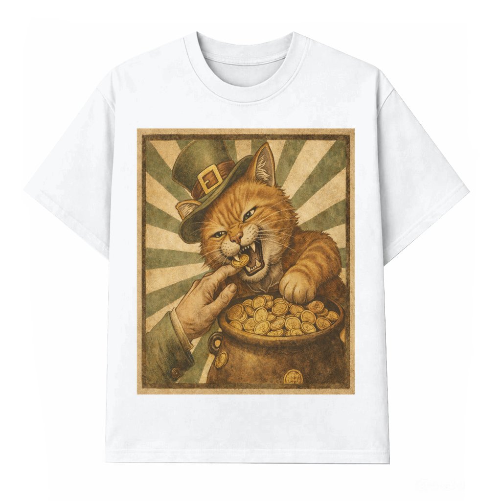 Cat Guarding Pot O' Gold T-shirt – St. Patrick's Day Gift for Men and Women Vintage 90s Graphic - front view