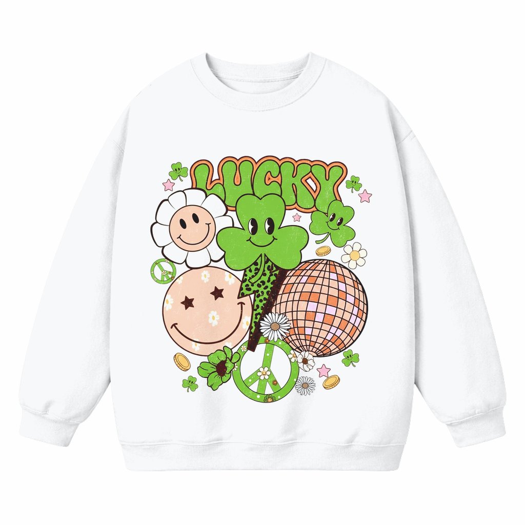 Lucky Smiley Shamrock Sweatshirt – St. Patrick's Day Gift for Men Women Clover Peace Sign Retro Vintage - front view