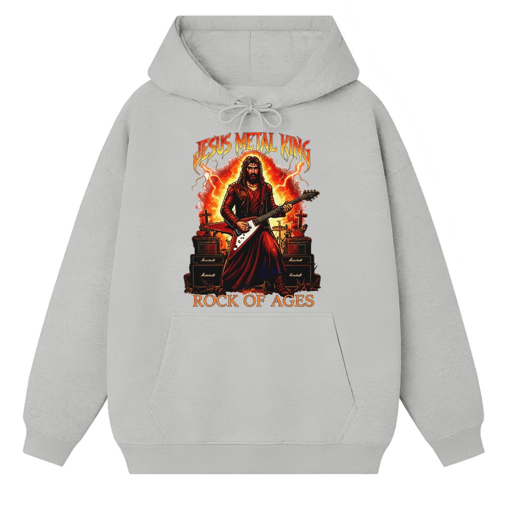 Jesus Metal King Rock of Ages Hoodie – Christian Heavy Metal Rock Guitar Gift for Men & Women - front view