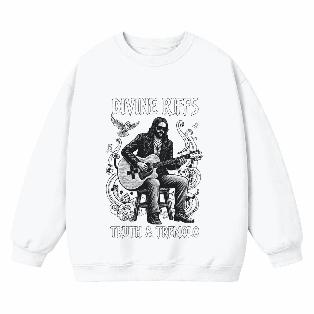 Divine Riffs Christian Guitar Sweatshirt – Gift for Men Rock Music Worship Band Graphic - front view