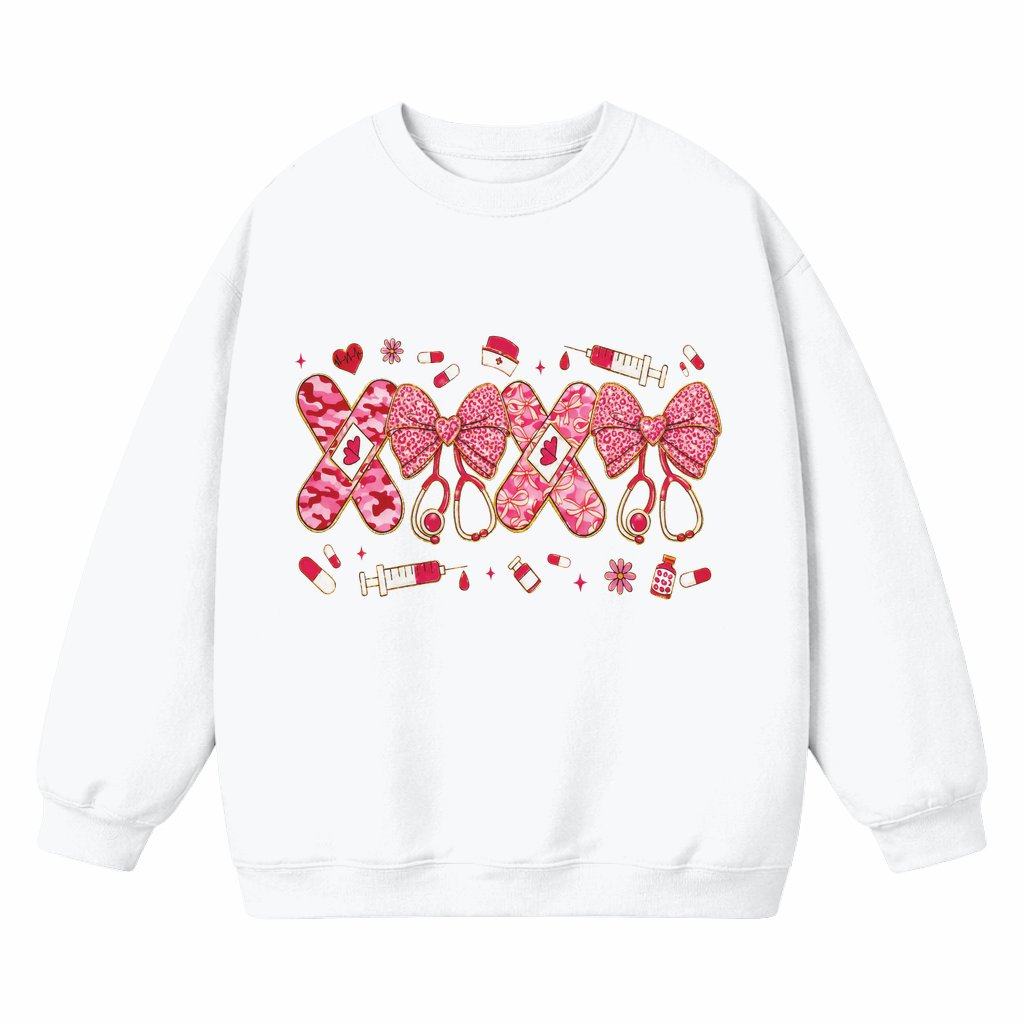 XOXO Coquette Nurse Sweatshirt – Valentine's Day Gift for Nurse Leopard Print Pink Heart - front view