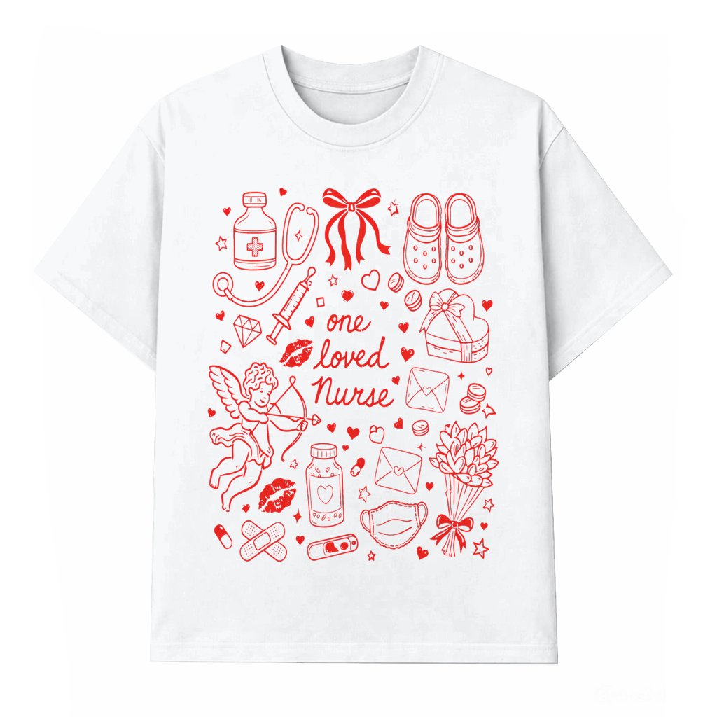 One Loved Nurse T-shirt – Valentine's Day Gift for Nurse Medical Tool Graphic Cute Pink - front view
