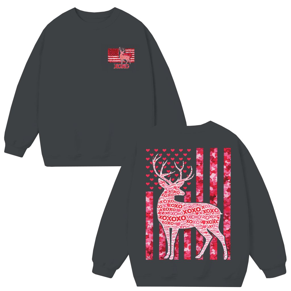 XOXO Pink Deer Hunter Camo Sweatshirt – Valentine's Day USA Flag Gift for Hunter - front view