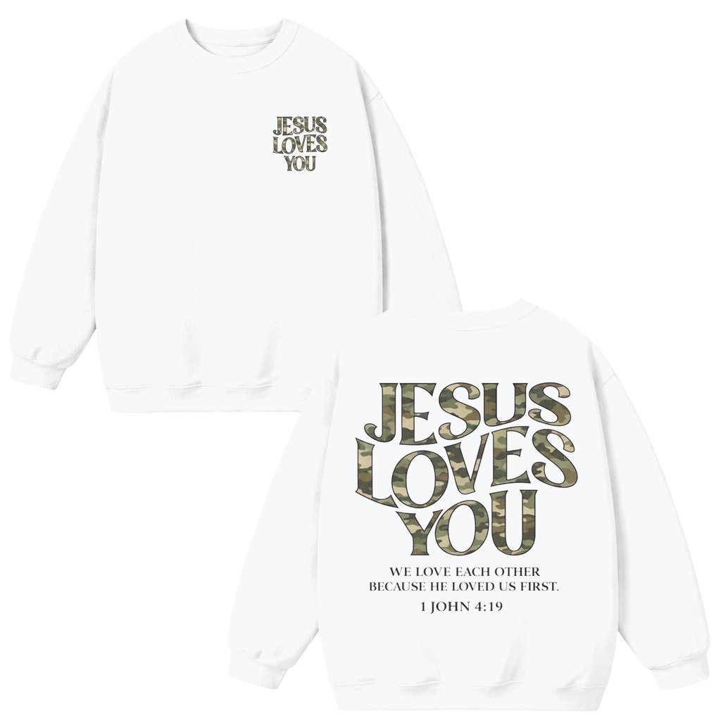 Jesus Loves You Sweatshirt – Christian Gift for Him or Her Camo Pattern - front view
