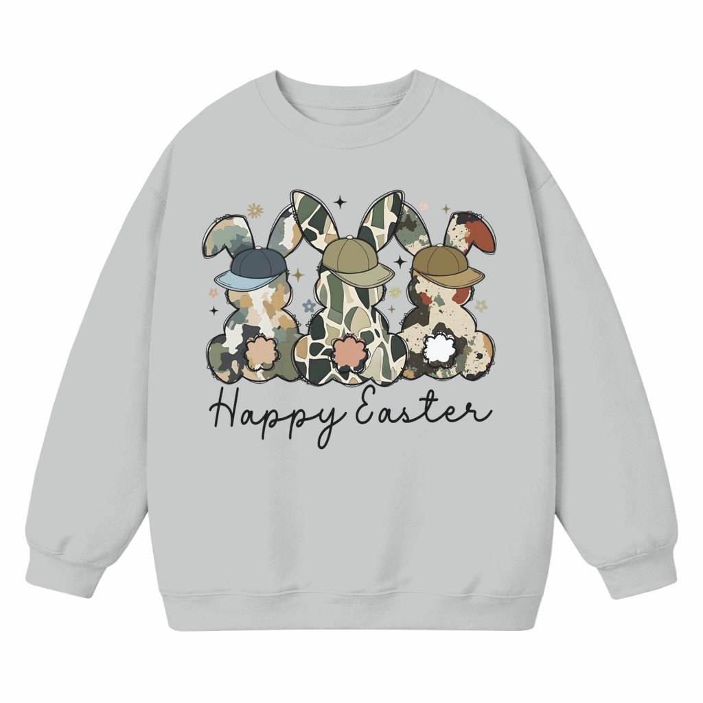Boy Bunny Backwards Cap Sweatshirt – Easter Gift for Him Her Trendy Camo - front view
