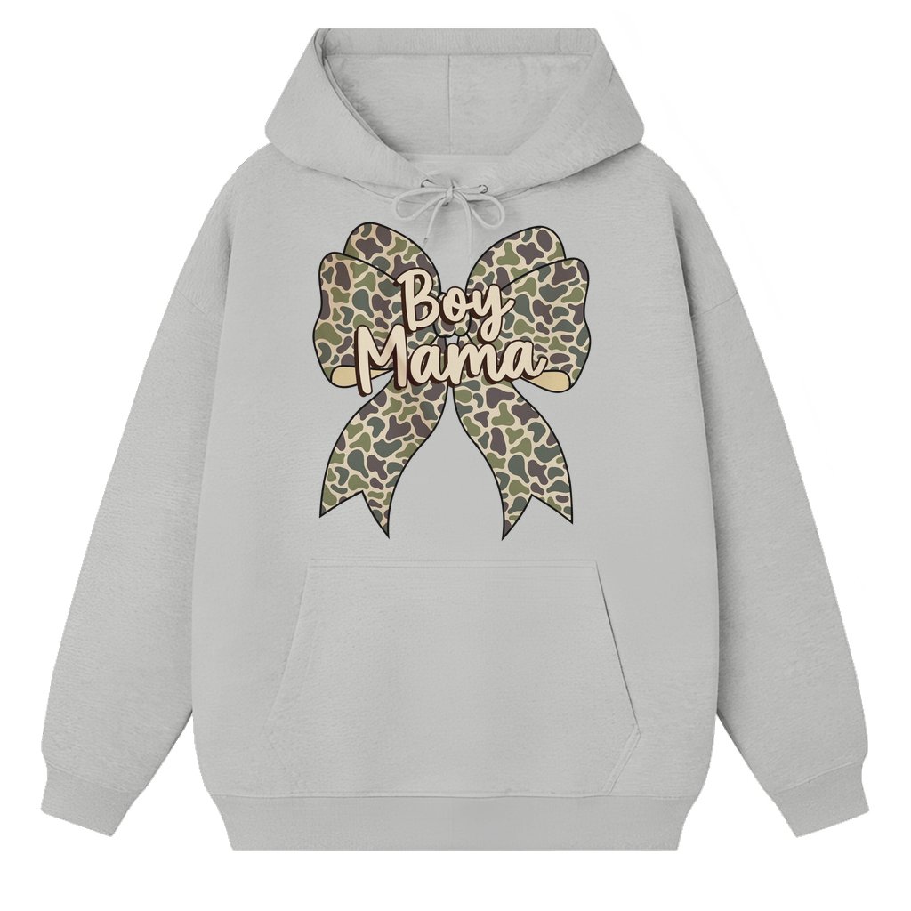 Boy Mama Hoodie – Mother's Day Gift for Mom of Boys Camo Coquette Bow - front view