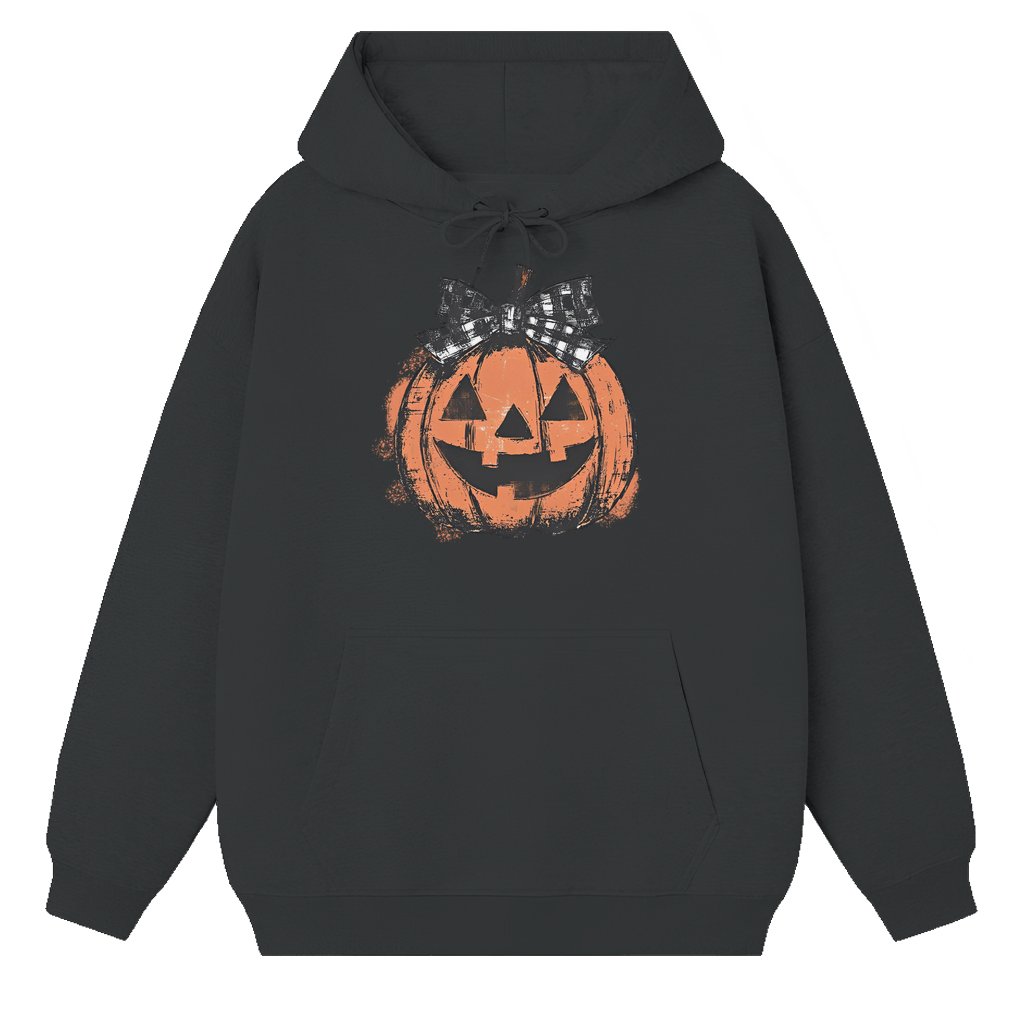 Vintage Pumpkin Hoodie – Halloween Jack O’ Lantern Plaid Bow Gift for Women Preppy Spooky - front view